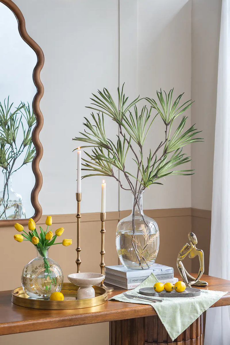 Curved Glass Accent Vase with Gold Floral Motifs