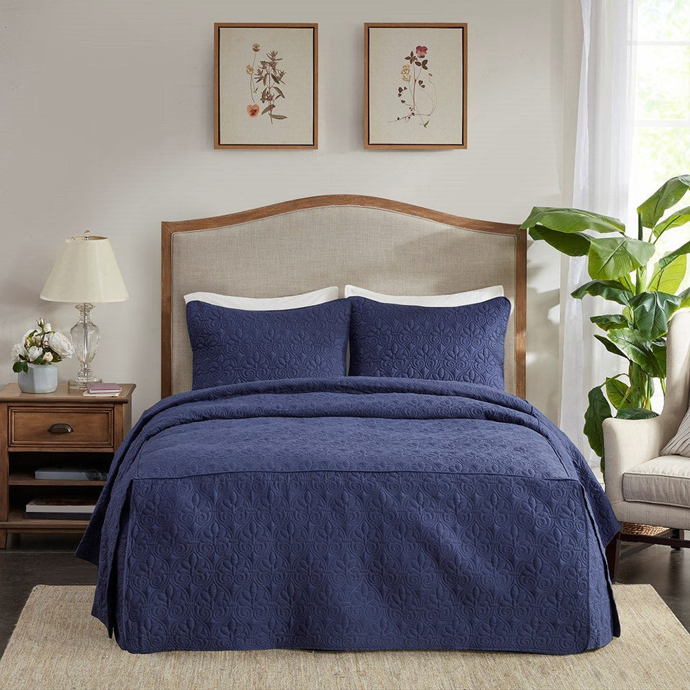 3 Piece Split Corner Pleated Quilted Bedspread Navy Queen Media 4