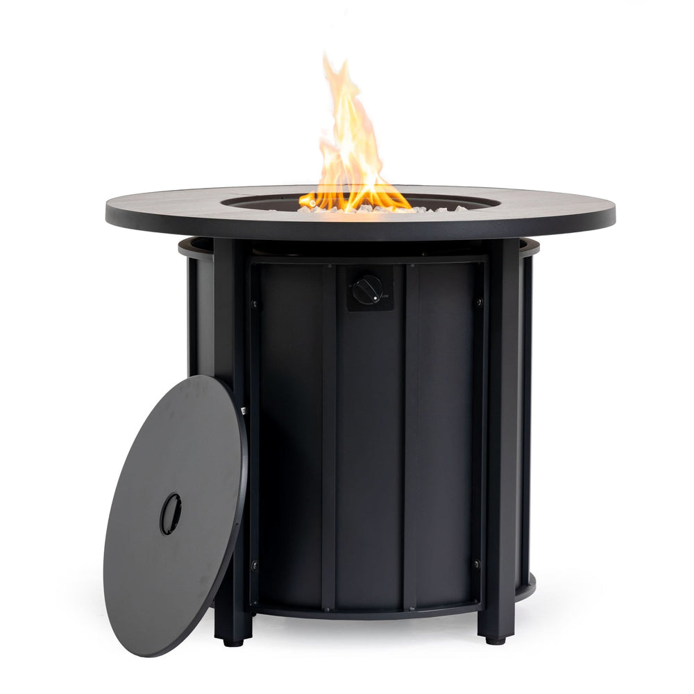 Propane Fire Pit Table Round Steel Wood Grain Ceramic Tabletop For Outdoor Patio & Backyard Entertaining Media 8