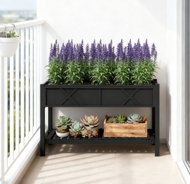 Elevated Wood Planter Box,Raised Garden Bed,with Storage Shelf,Drainage Holes,and Liner Media 1