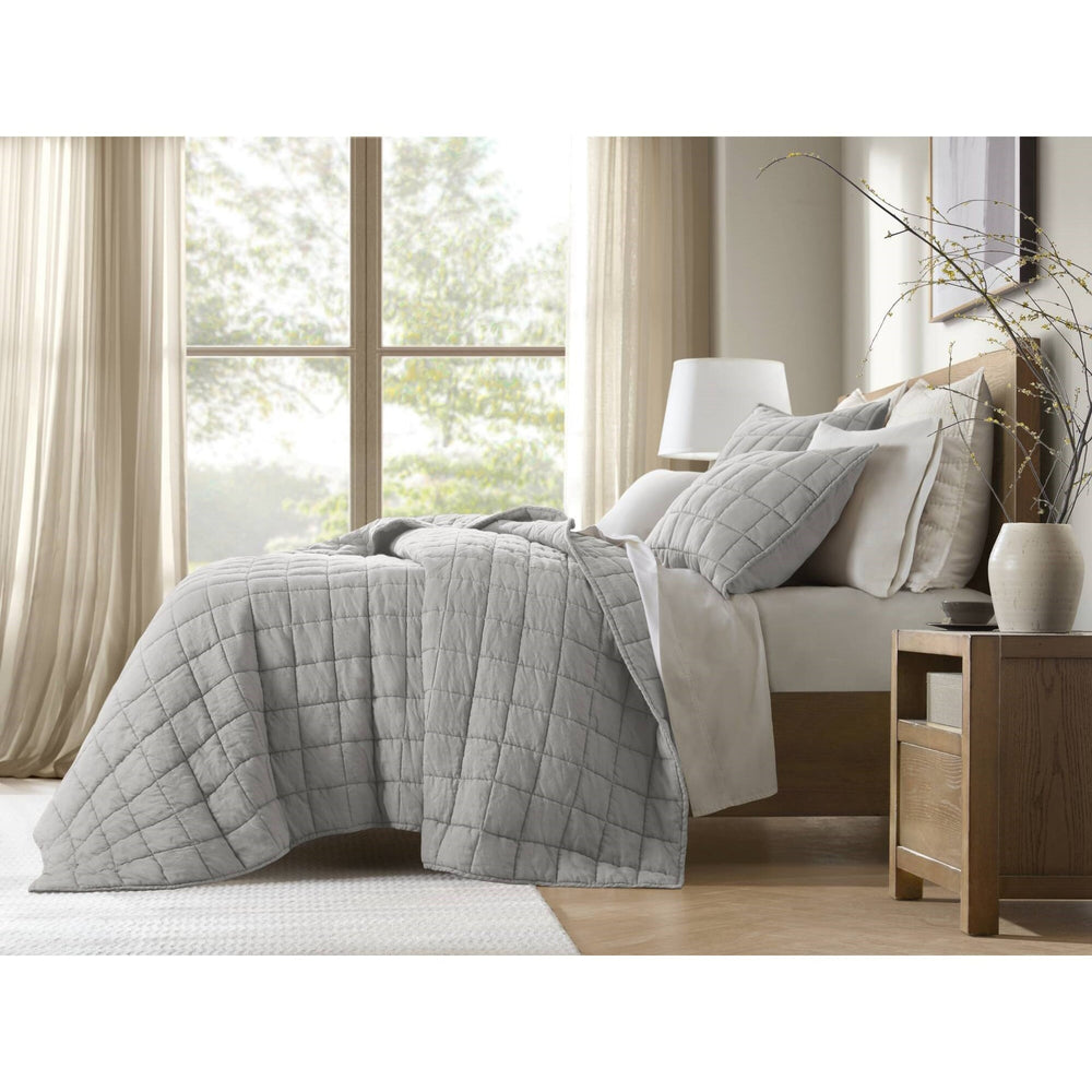 3-Piece Full/Queen Linen Garment Washed Quilt Set,Gray Media 3