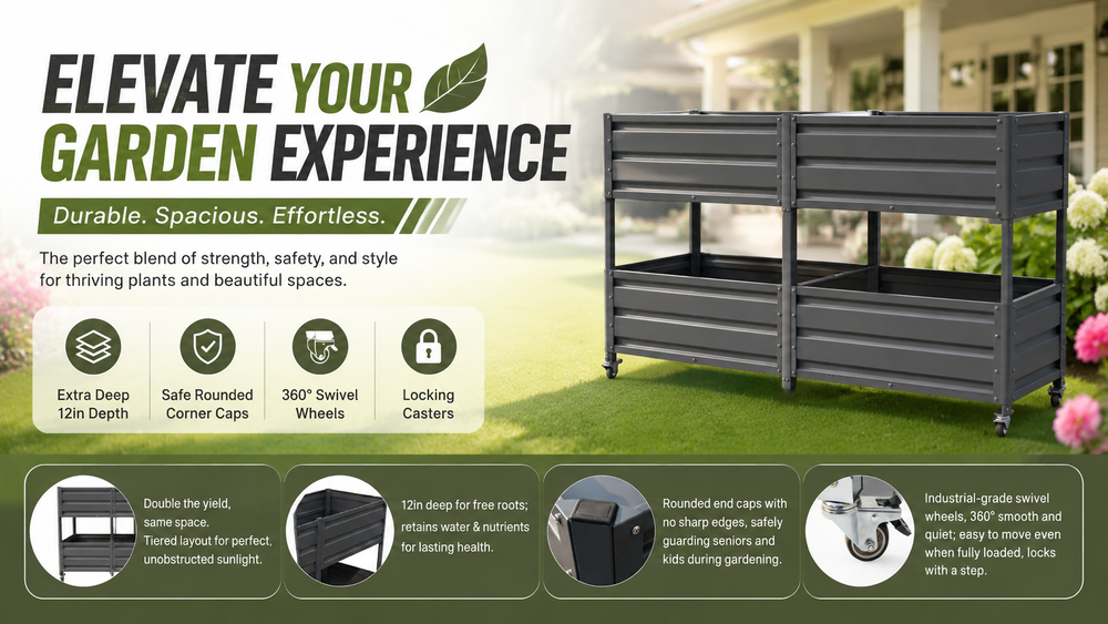 Dual Tier Elevated Metal Raised Garden Bed with Lockable Wheels, Staggered 2-Layer Raised Planter Box for Vegetables Herbs Flowers, Outdoor Patio Backyard Green Planting Bed,Grey Media 23