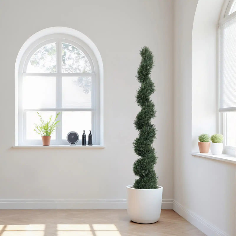 6FT single-color spiral-shaped potted cedar tree, a realistic artificial evergreen plant, suitable for decorating outdoor gardens, porches, patios, etc.; 2pcs/set