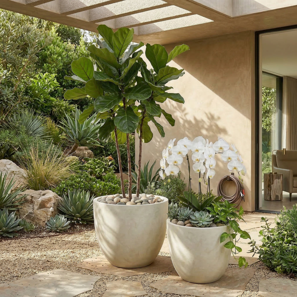 Round Concrete Planter Set of 2, Large Outdoor Indoor Handmade Rustic Decorative Planter Pots with Drainage Holes for Home Garden Patio, 15' x 13' & 18' x 14'  (white) Media 3