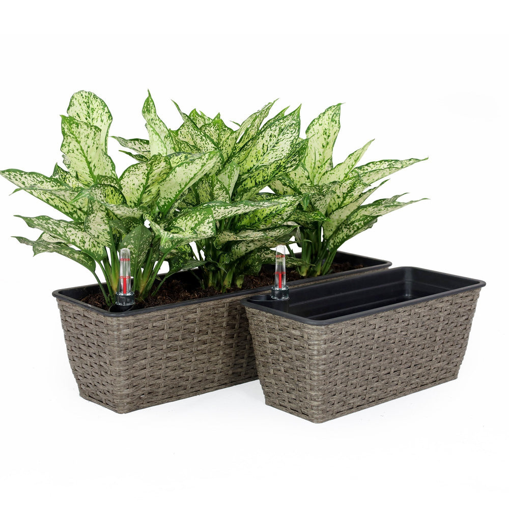 2-Pack Self-watering Planter - Hand Woven Wicker - Rectangular - Dark Gray Media 1