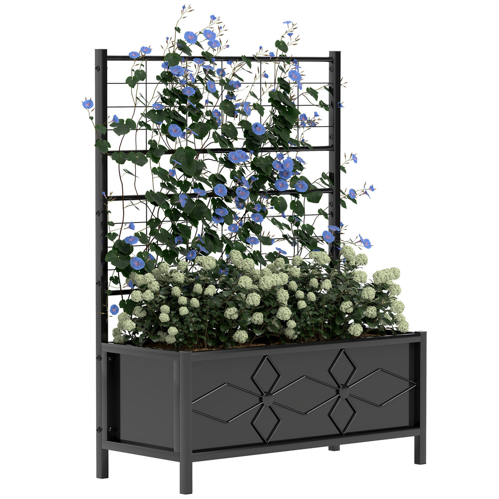 Outsunny Galvanized Raised Garden Bed with Trellis for Climbing Vines Vegetables Flowers, Outdoor Planter Box, 35.4' x 15.7' x 47.2', Black Media 1