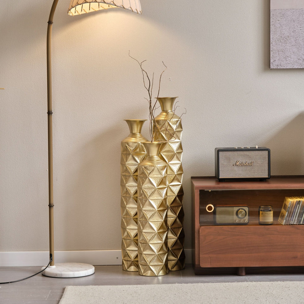 Metal Decorative Vase High Distress Metal Center Vase With 3D Triangle Pattern, Set Of 3 Vases for Home Decoration 33.5', 29.5', 25.2'High, Gold Media 5