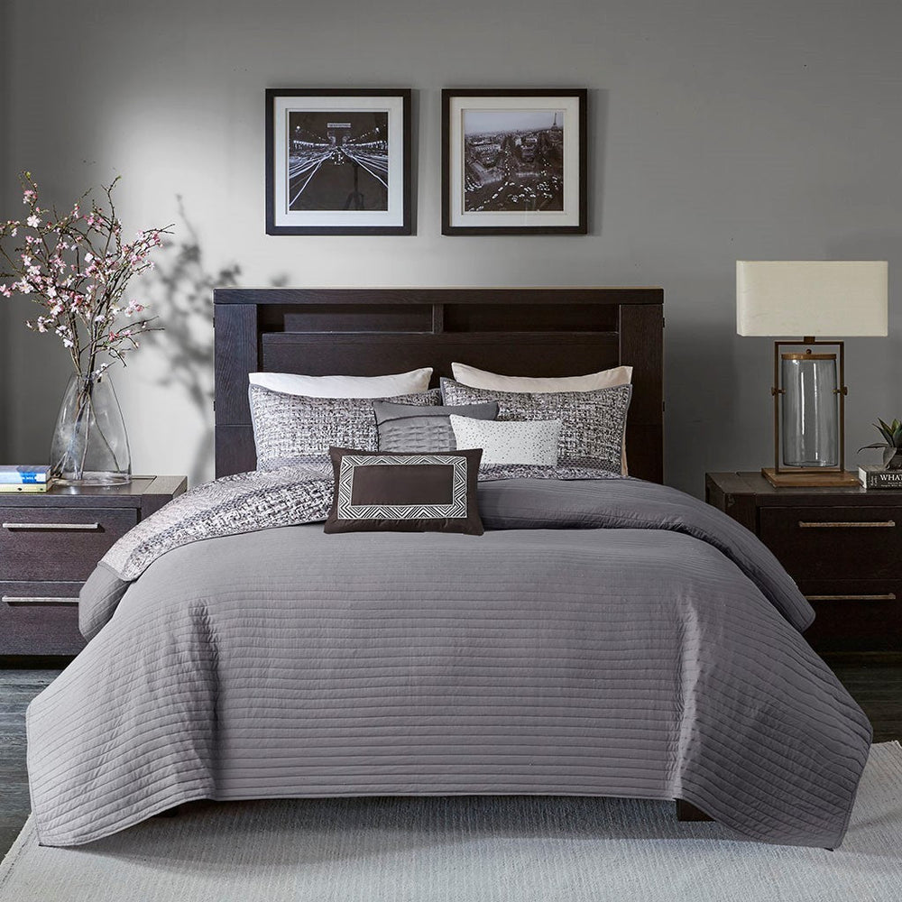 6 Piece Reversible Jacquard Quilt Set with Throw Pillows Grey/Taupe King/Cal King Media 12