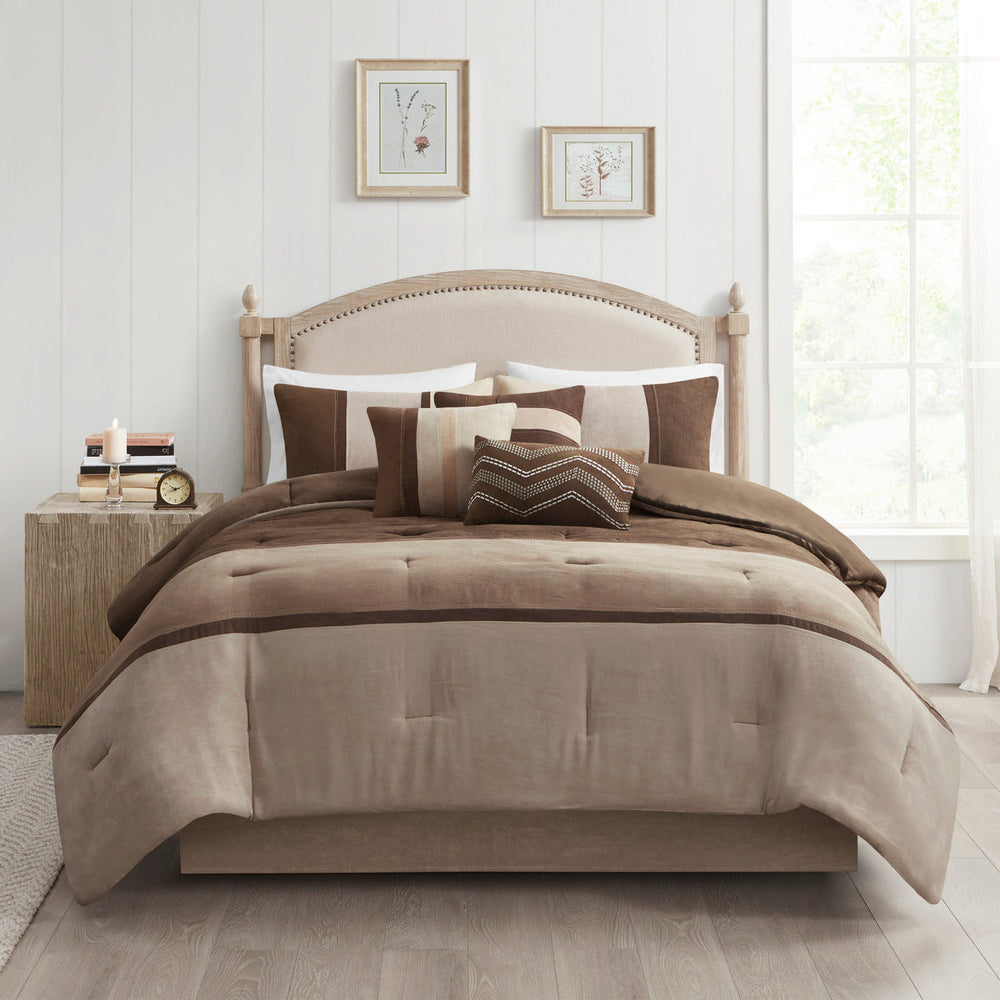 7 Piece Faux Suede Comforter Set Brown King Media 16