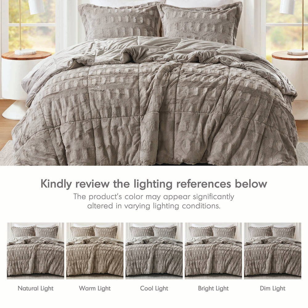 3 PCS Full/Queen Solid Faux Fur Comforter Mini Set Gray Media 3
