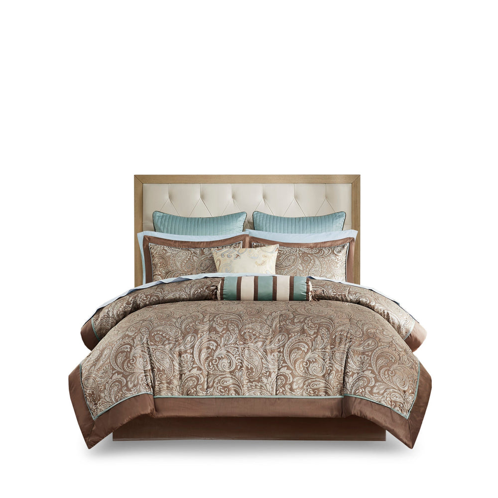 12 Piece Comforter Set with Cotton Bed Sheets Blue/Brown Cal King Media 13