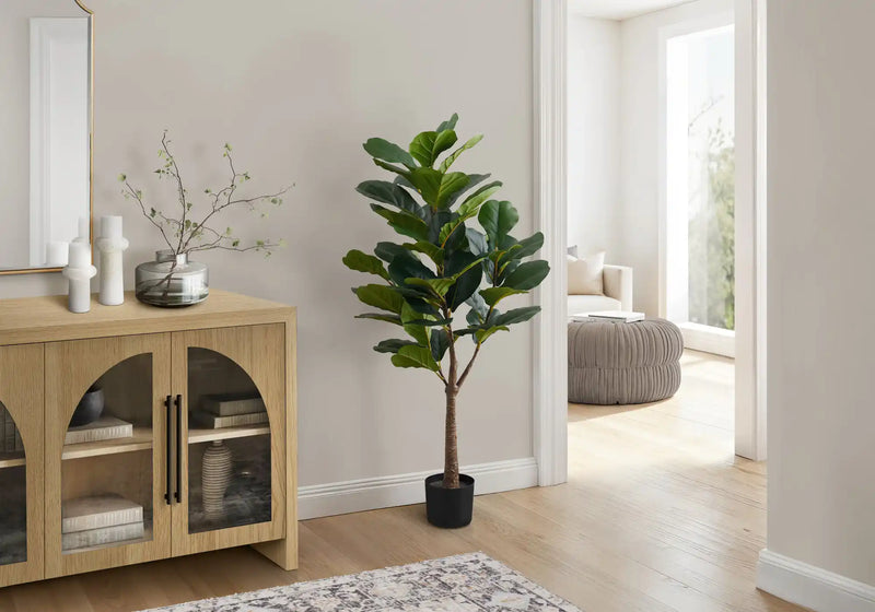 Artificial Plant, 47' Tall, Fiddle Tree, Indoor, Faux, Fake, Floor, Greenery, Potted, Real Touch, Decorative, Green Leaves, Black Pot