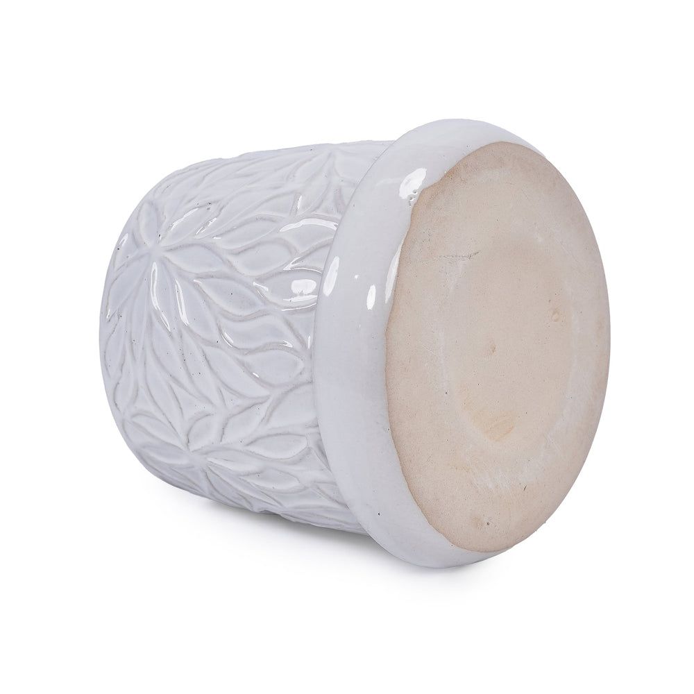 Handmade White Glossy Ceramic Planter Set of 2, 6' & 8' Diameter, Leaf Pattern Design, for Succulents and Herbs Indoor/Outdoor Shelf & Table Use, Breathable Clay with Saucers Media 13