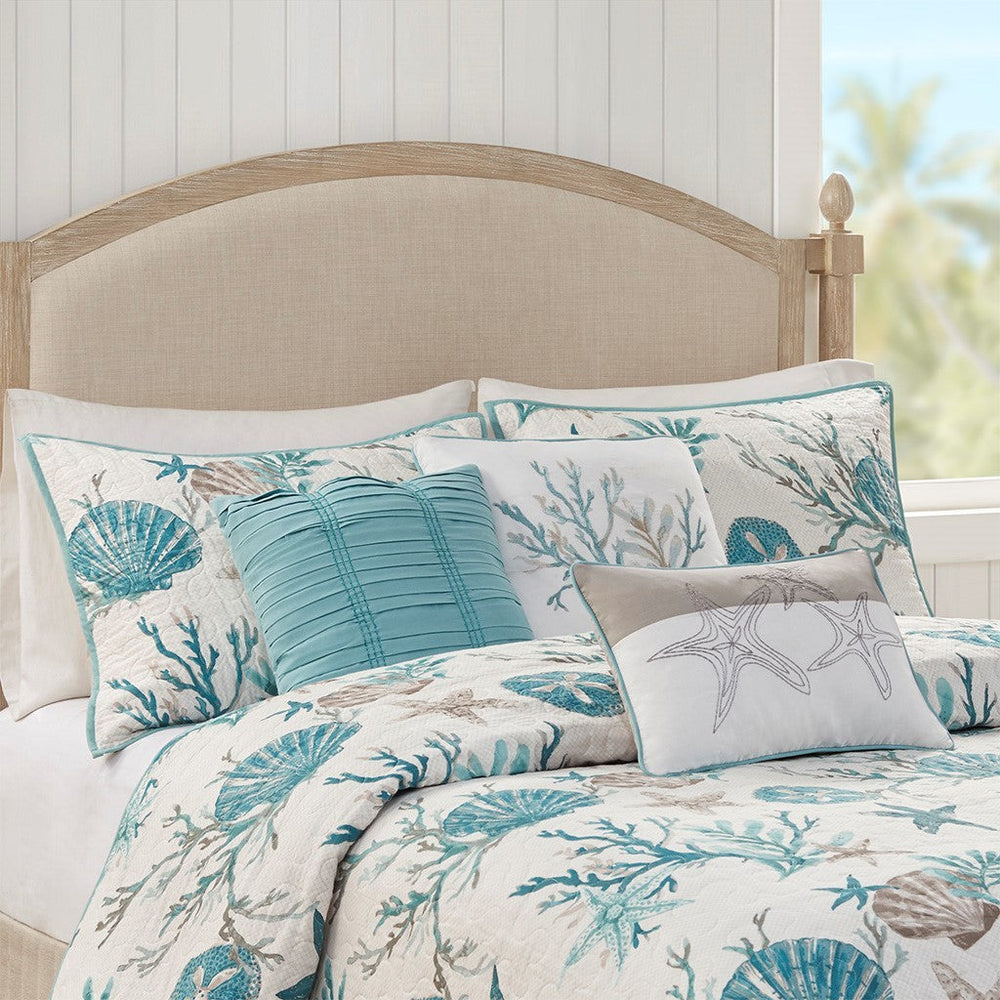 6 Piece Cotton Sateen Quilt Set with Throw Pillows Aqua King/Cal King Media 6