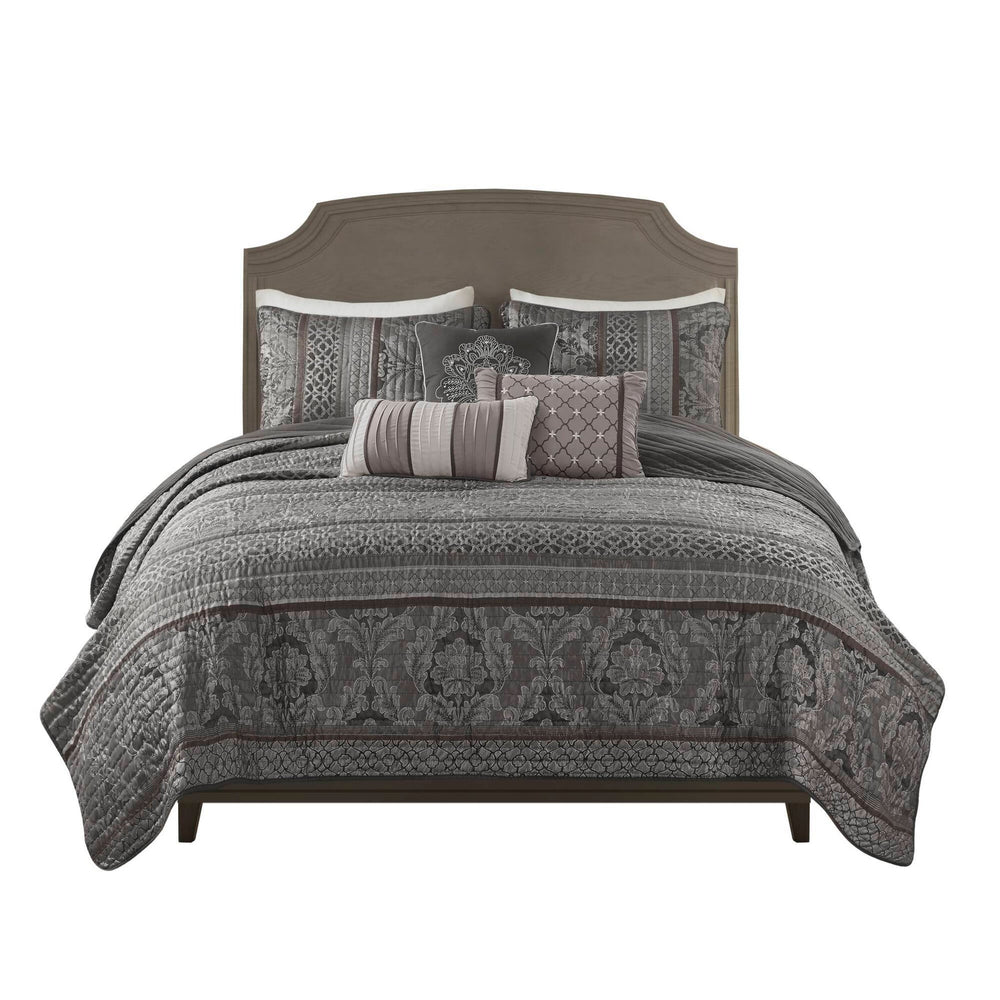 6-Piece King/Cal King 6 Piece Jacquard Quilt Set with Throw Pillows,Grey Media 7