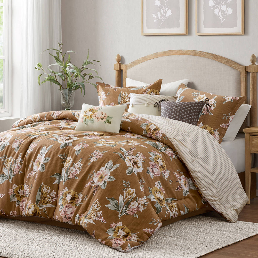 7-Piece Cal King Vin  Floral Comforter Set, Terracotta Media 5