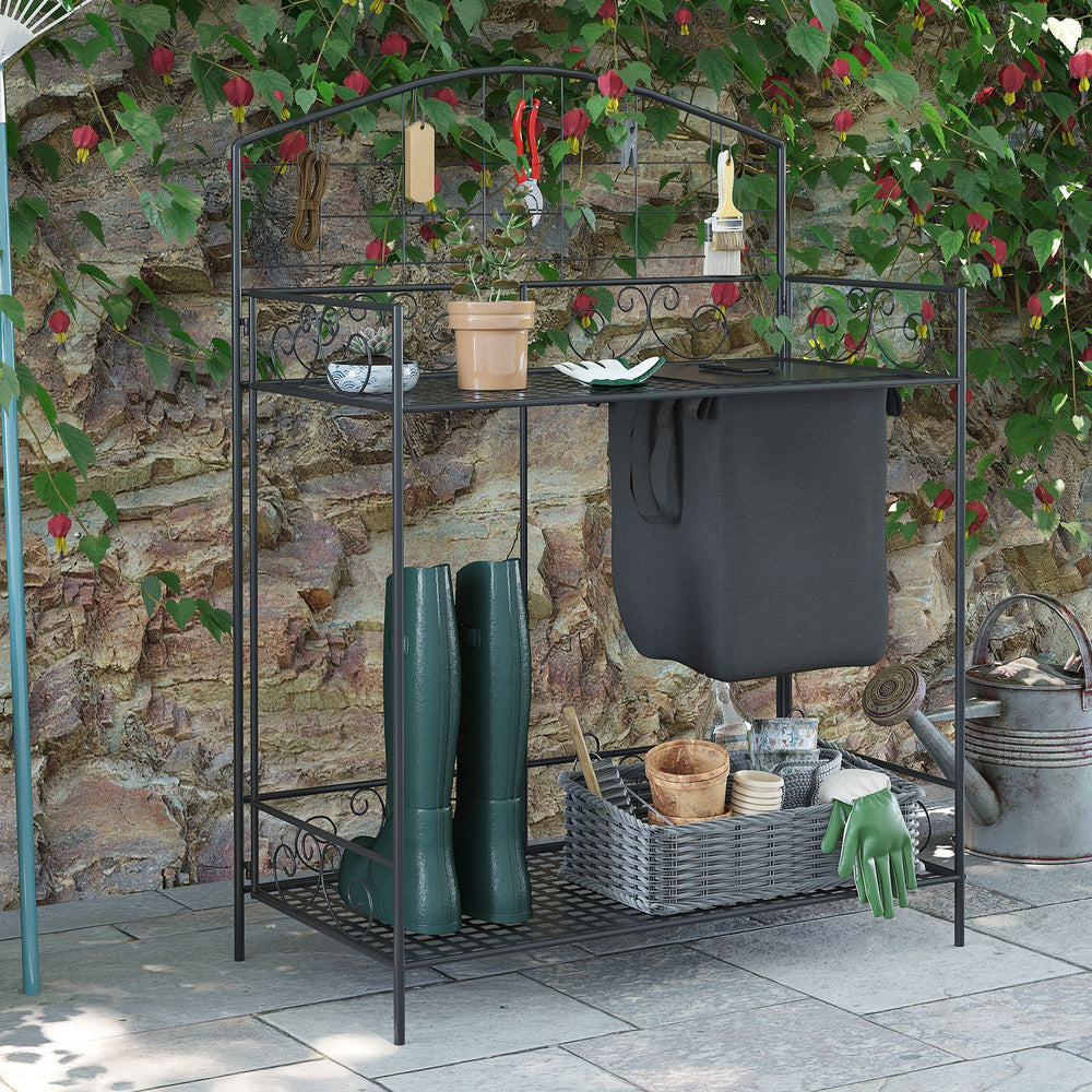 Outsunny Folding Potting Bench Table, Metal Garden Workstation, Work Bench with Large Build-In Bag with Cover, 5 Hanging Hooks & Storage Shelf, Flourishes Media 8