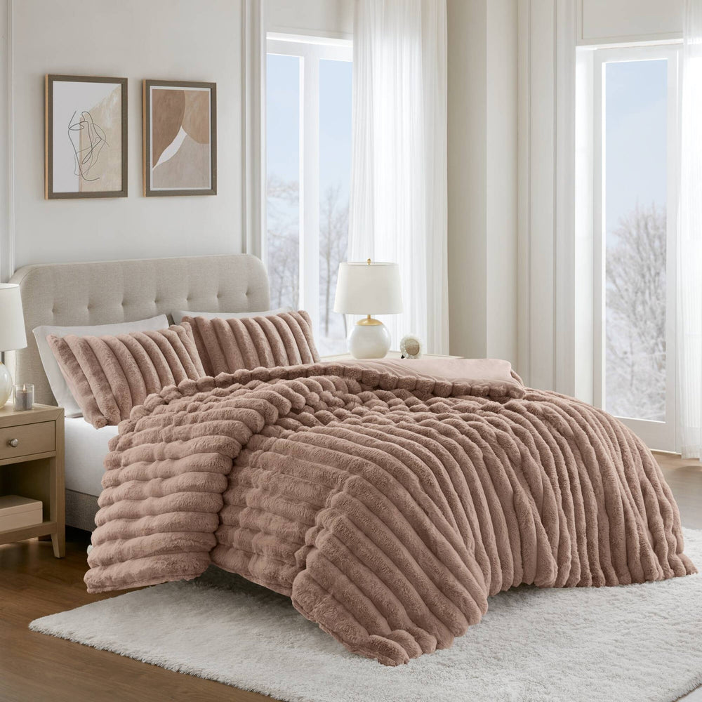 3 Pieces King Ultrasoft Faux Fur Ribbed Comforter Set,Mocha Media 17