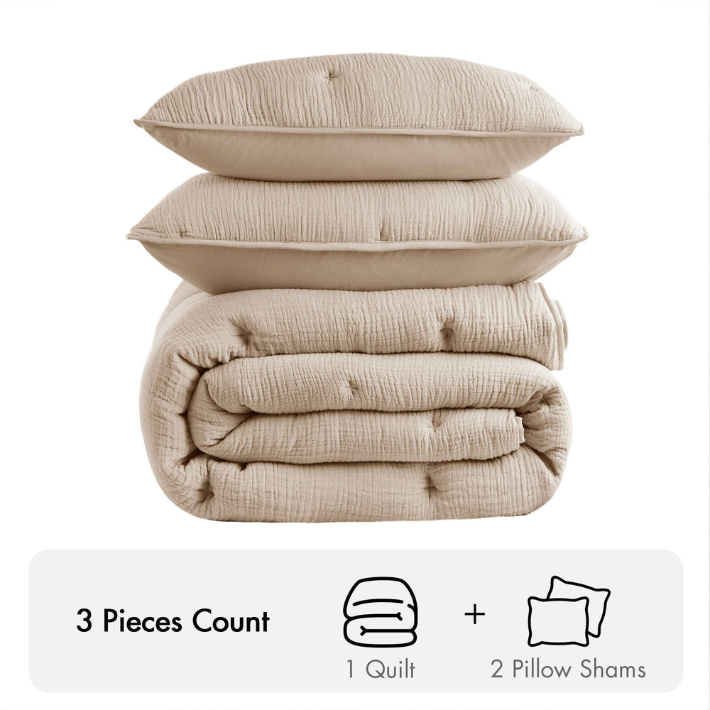 3-Piece Full/Queen Cotton  Embroidered Quilt Set,Taupe Media 3