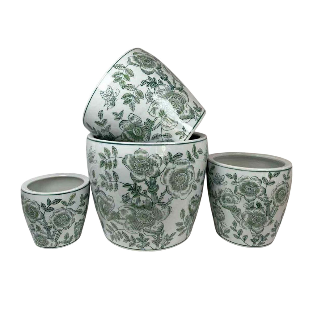 Kerry Accent Planter Pot Set of 4, Green Floral Pattern, White Ceramic Media 1