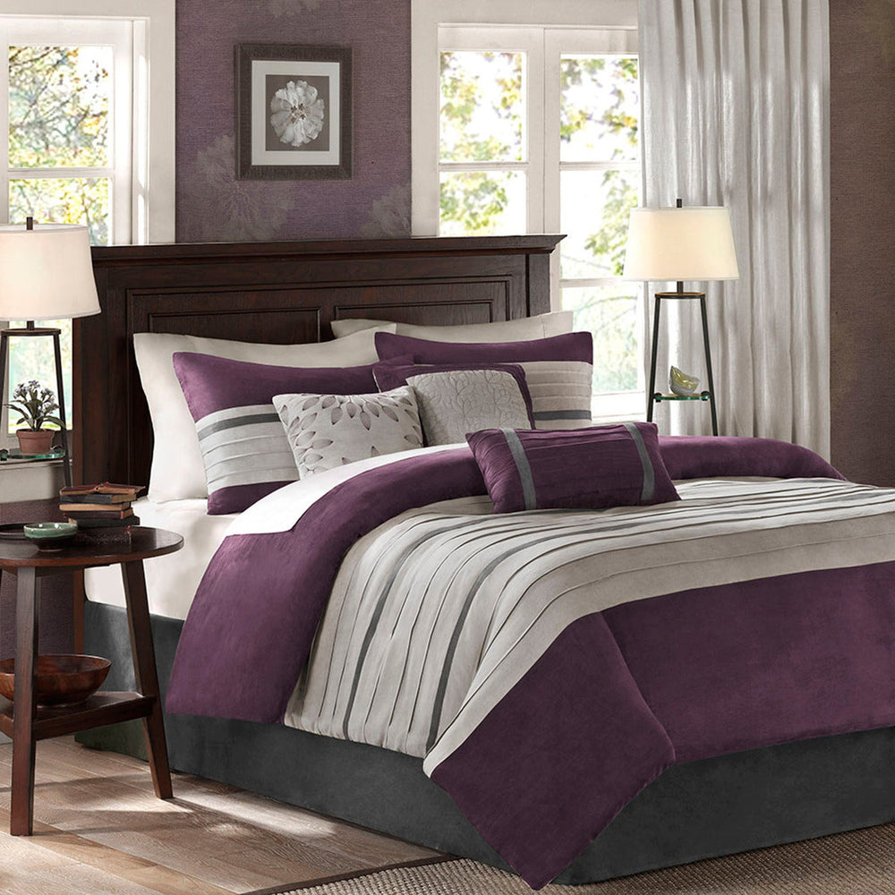 7 PC Pieced Faux Suede Comforter Set Purple Cal King Media 1