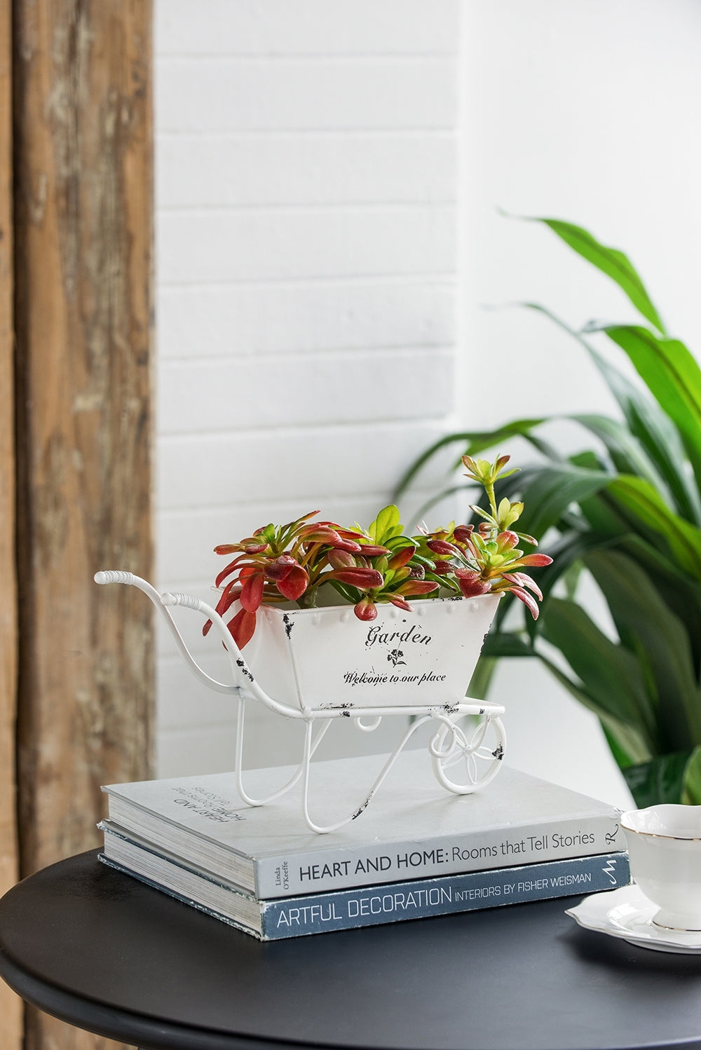 11.5x4x7' White Metal Decorative Disressed Wheelbarrow Planter, Tabletop Decor Media 11