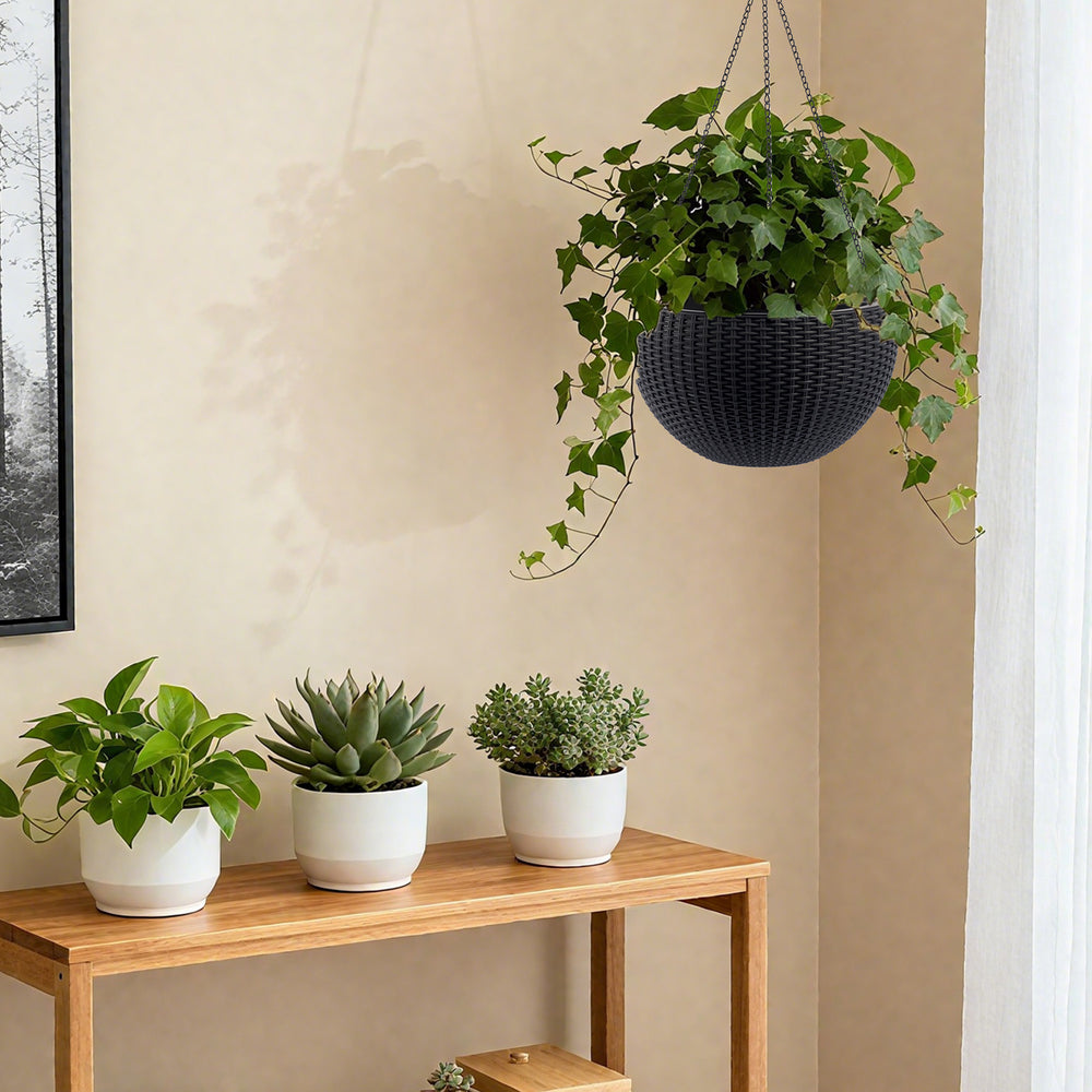 13.4 inch Self-Watering Hanging Rattan-Inspired Planter Large Capacity, Root-Rot Resistant Water Storage with Water Level Indicator, Dual-Use for Indoor & Balcony Decoration (Pack of 2, Black Color) Media 14