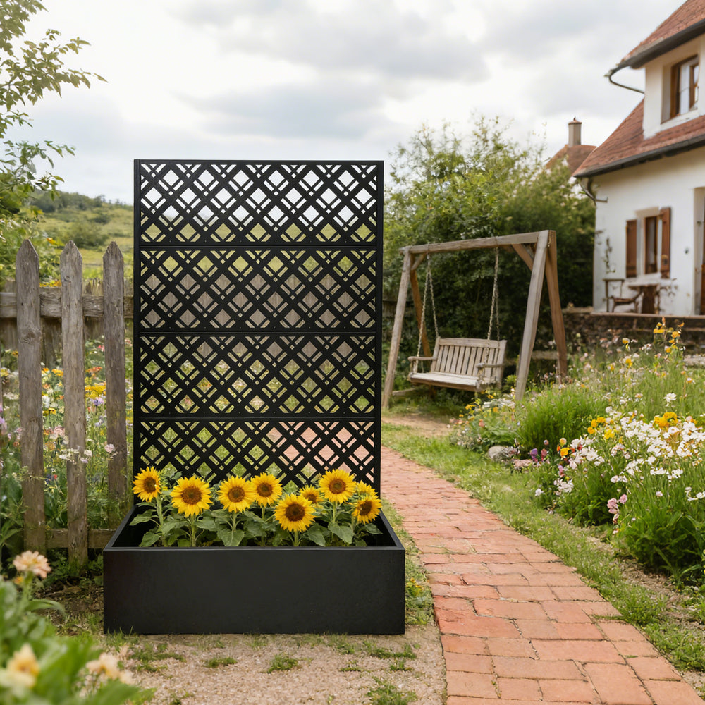 Rhombus Black Metal Planter Raised Garden Bed with Trellis 70.9in H x 43.3in W x 15.8in D for Climbing Plants Flowers Vegetables, Galvanized Iron with Drainage Holes Media 5