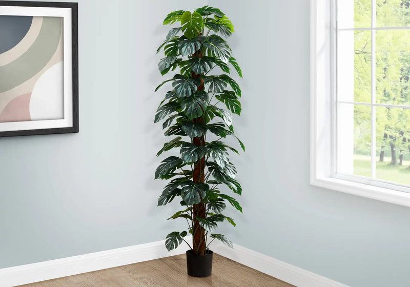 Artificial Plant, 83' Tall, Monstera Tree, Floor, Indoor, Decorative, Green Leaves, Black Pot