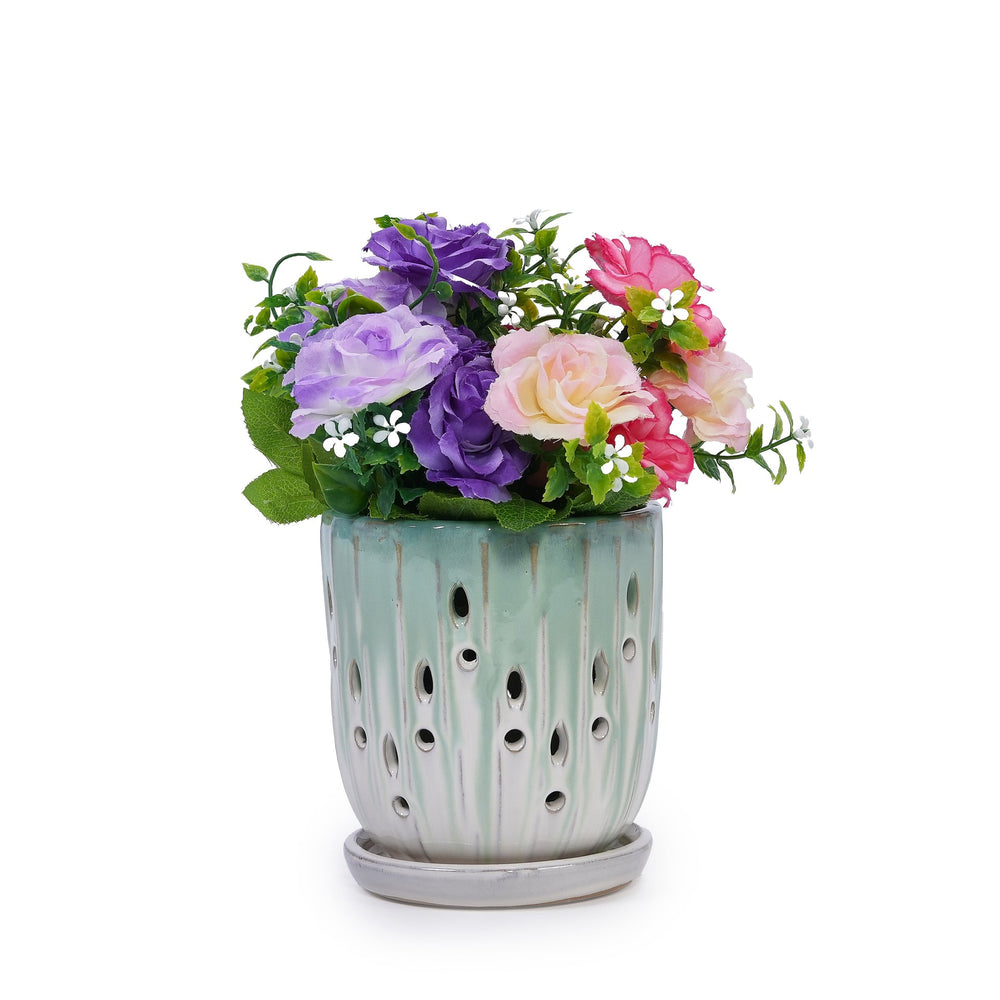 Set of 2 Ceramic Flowerpot with Drainage Hole, 8' Modern Planter for Patio, Garden, Windowsill - White Green Media 7