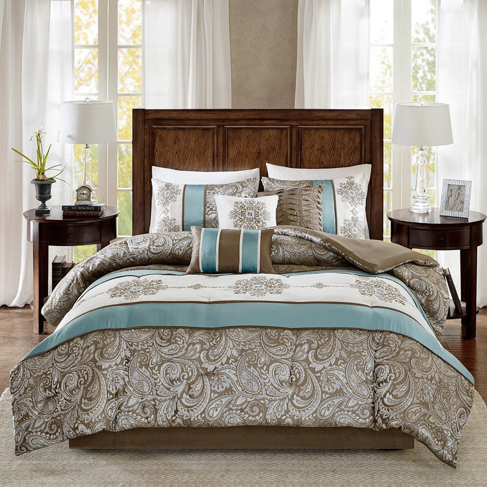 Jacquard 7 Piece Comforter Set Blue Queen Media 5
