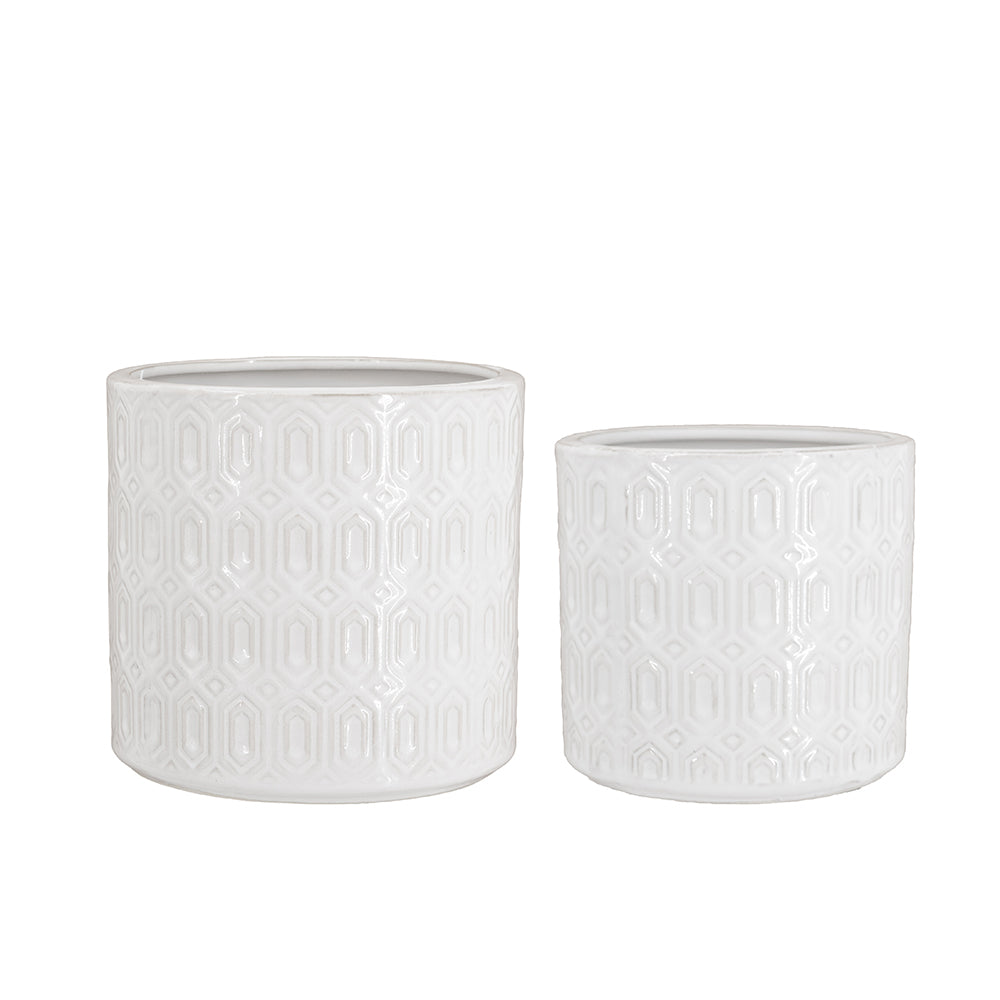 S/2 White Ceramic Planters with Geometric Motifs Media 3