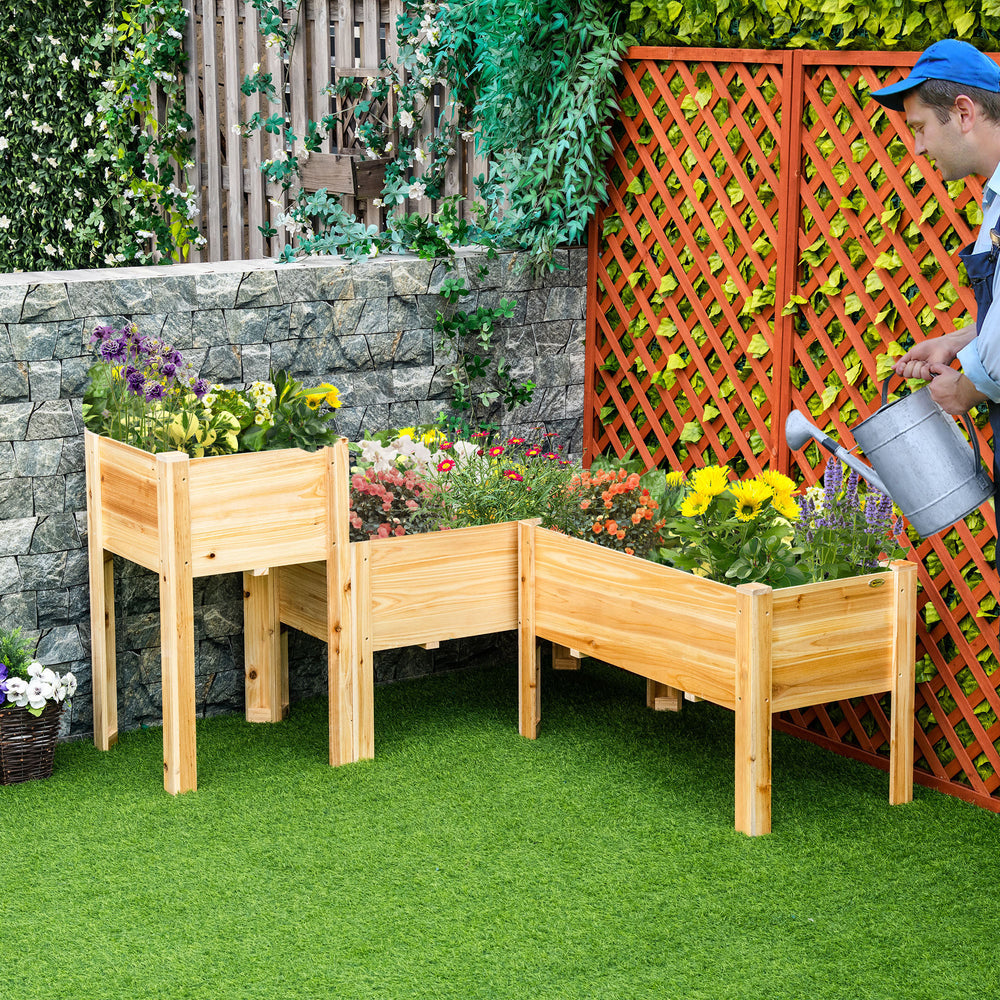 Outsunny Raised Garden Bed Set of 3, Wooden Elevated Planter Box with Legs and Bed Liner, for Backyard and Patio to Grow Vegetables, Herbs, and Flowers, Natural Media 8