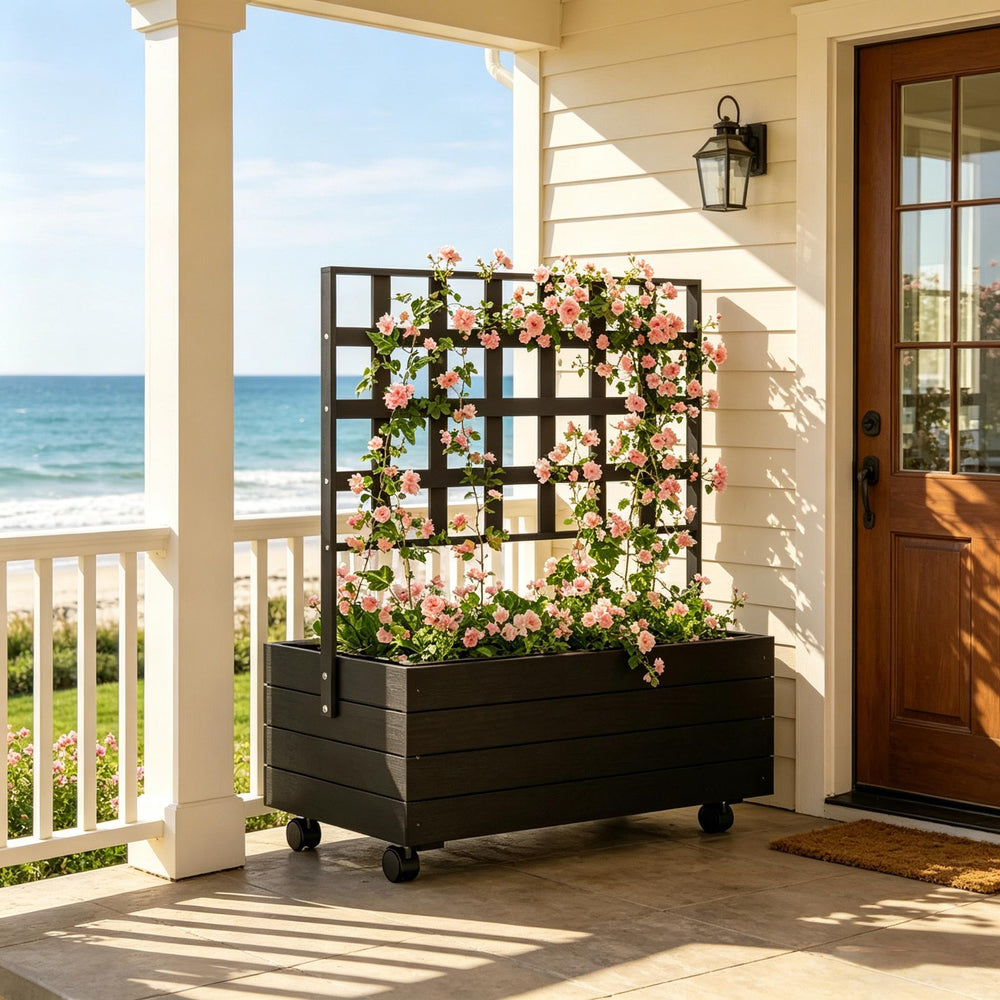 Dual-Function Design Planting box,Wooden Elevated Garden Bed with Trellis,Outdoor Planter Box,Portable Raised Garden Bed Media 1