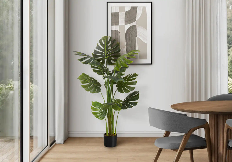 Artificial Plant, 55' Tall, Monstera Tree, Indoor, Faux, Fake, Floor, Greenery, Potted, Real Touch, Decorative, Green Leaves, Black Pot