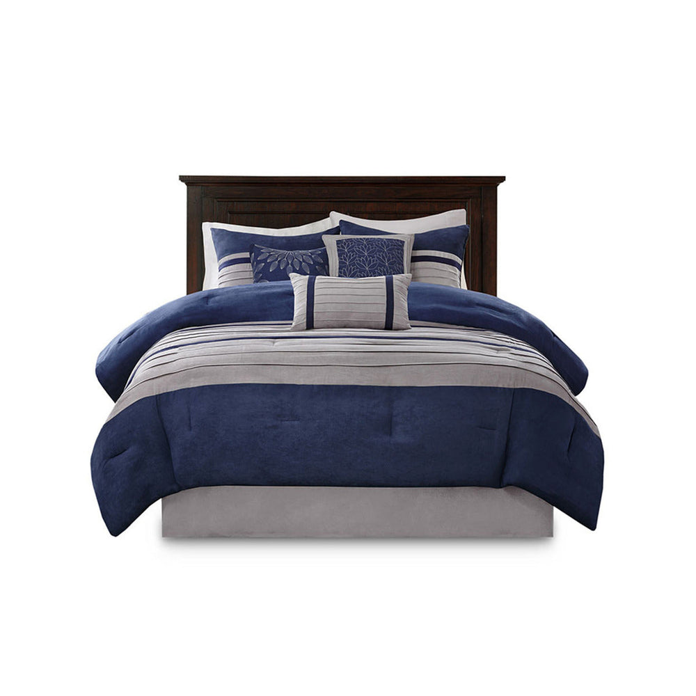 7 PC Pieced Faux Suede Comforter Set Blue Cal King Media 8