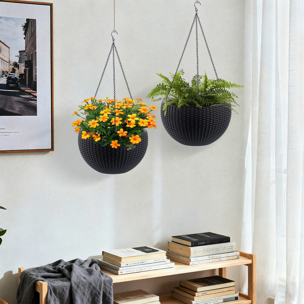 13.4 inch Self-Watering Hanging Rattan-Inspired Planter Large Capacity, Root-Rot Resistant Water Storage with Water Level Indicator, Dual-Use for Indoor & Balcony Decoration (Pack of 2, Black Color) Media 7