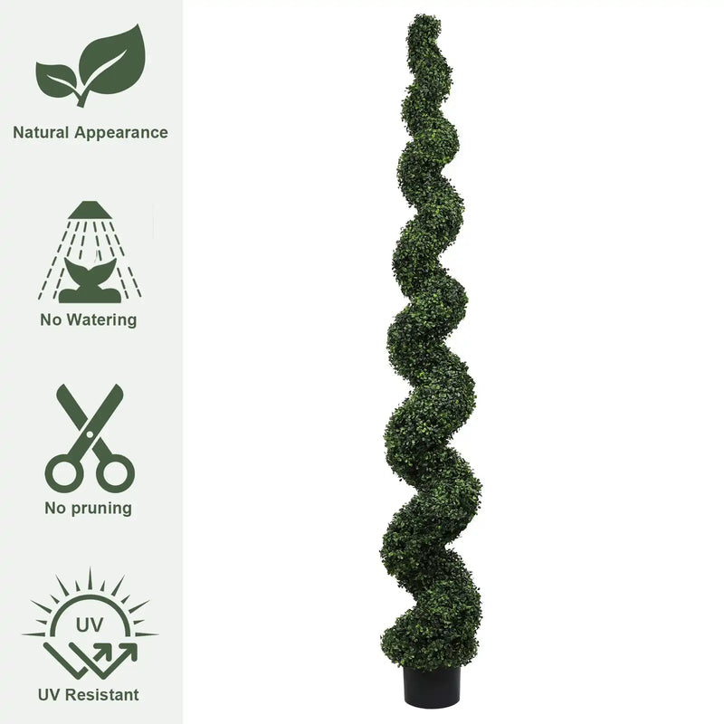 7FT Spiral Topiary Trees Artificial Outdoor Faux Boxwood Plants Large Twisted Green Potted Trees with Dark Green Leaves for Garden Front Porch Patio Planter Decoration, 1pc/set