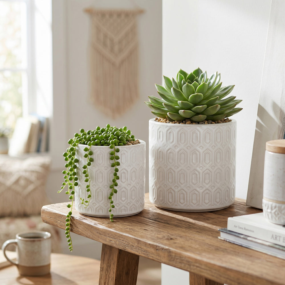 S/2 White Ceramic Planters with Geometric Motifs Media 5