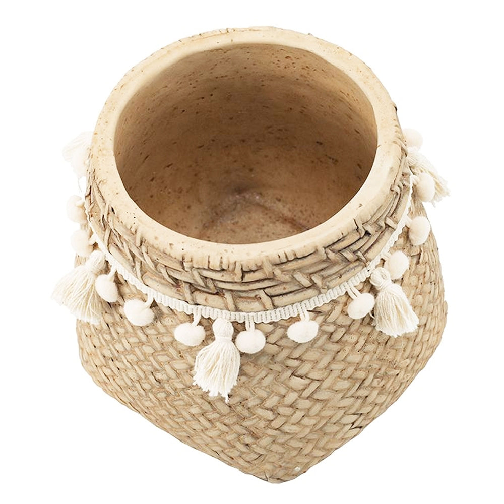 Set of 2 6.5x6.5x6' Brown Cement Planter with Woven Tassel Accent Media 3