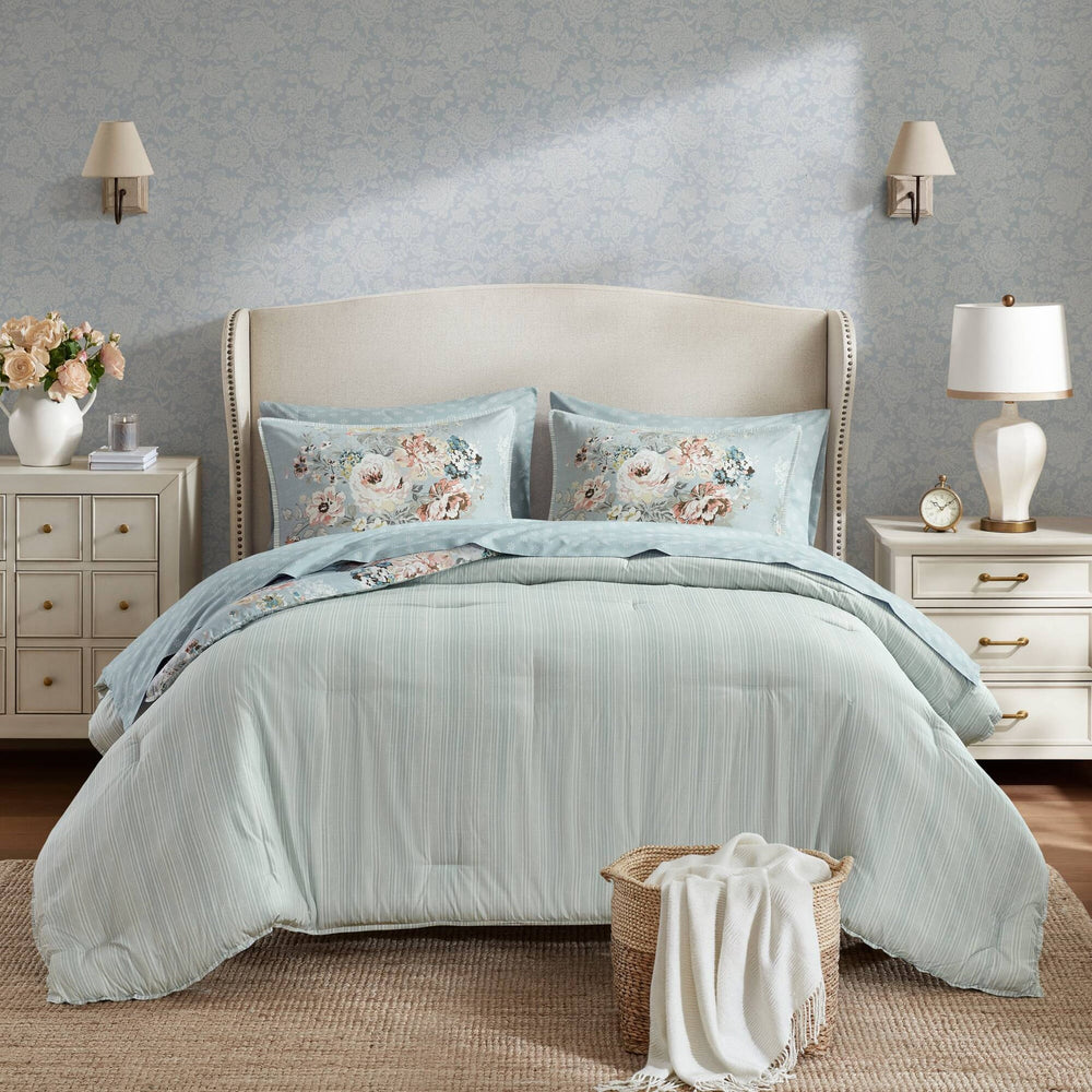 5-Piece Twin 5 Piece Vin -inspired Collection floral print,Soft Blue Media 15