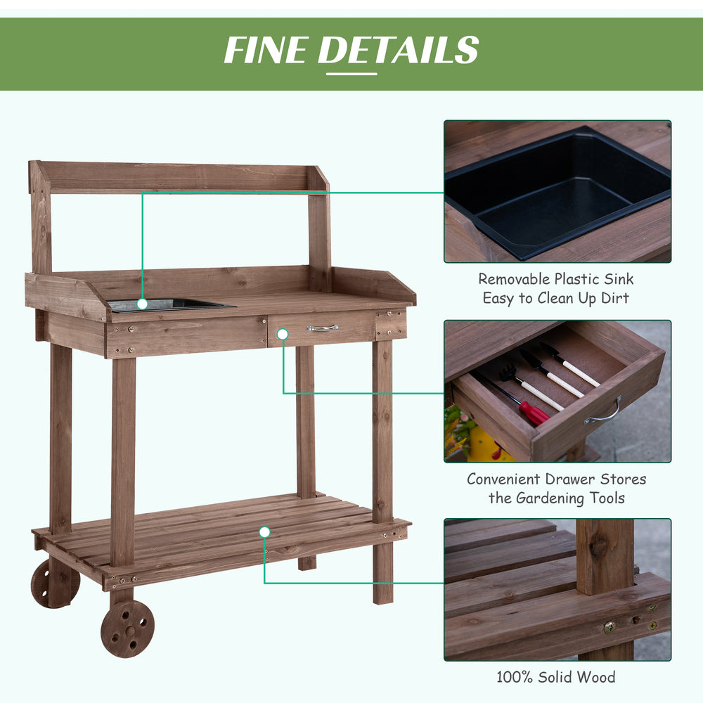 Outsunny 36'' Wooden Potting Bench Work Table with 2 Removable Wheels, Sink, Drawer & Large Storage Spaces, Brown Media 5