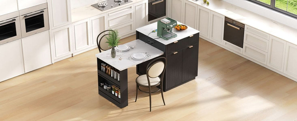 Kitchen Island Modern With Extendable Dining Table & Power Outlet For 4-6 People Black Media 35
