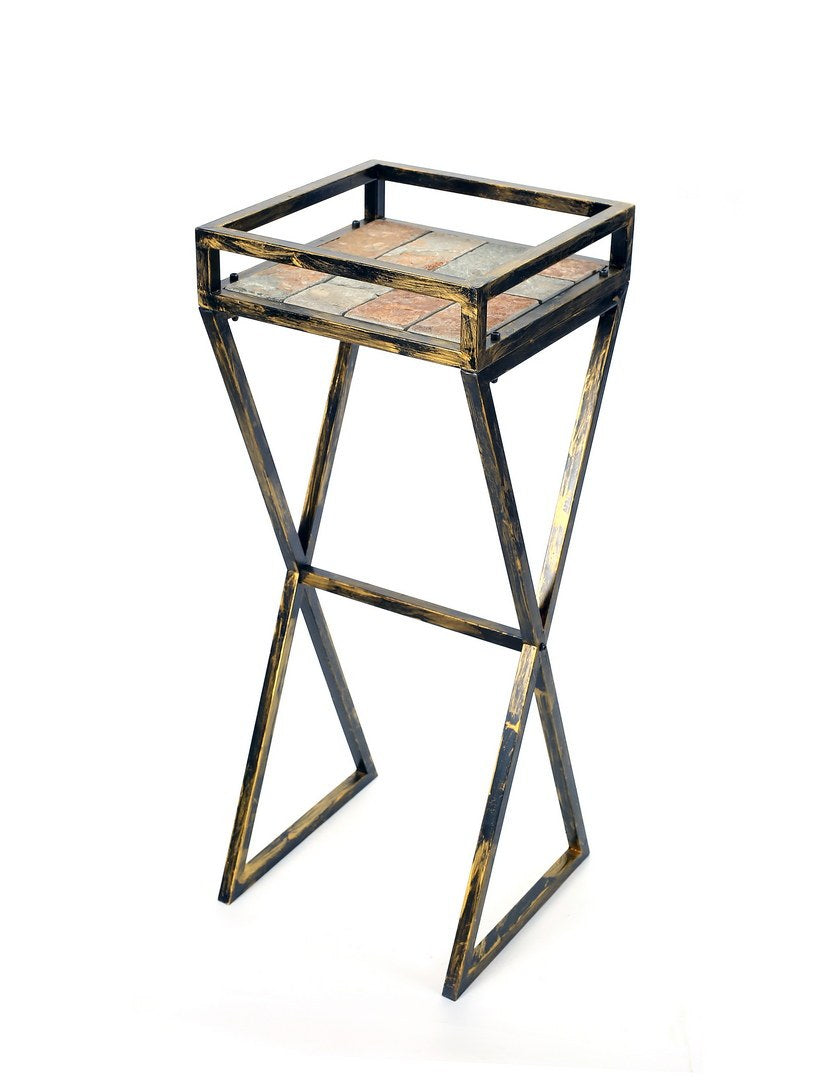 35.5' Gray Stone Slab Black / Gold Metal Plant Stand Media 6