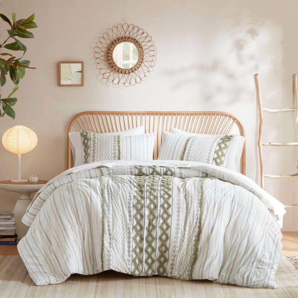 3 PCS King/Cal King Cotton Printed Comforter Set with Chenille Sage/Ivory Media 15