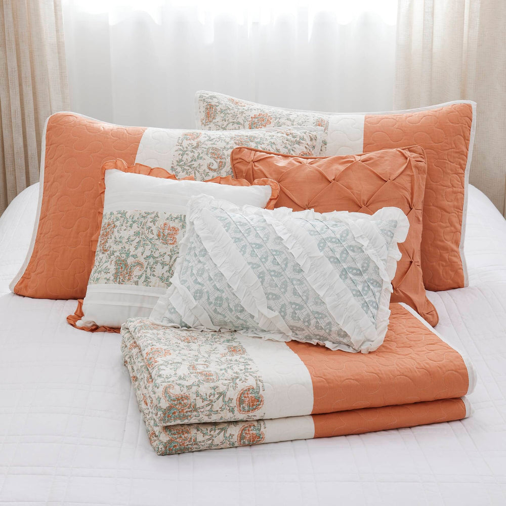6 Piece Cotton Percale Quilt Set with Throw Pillows Coral Full/Queen Media 12