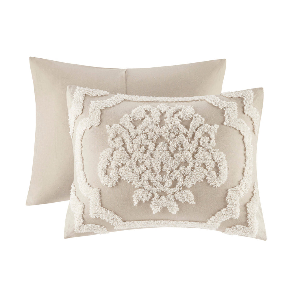 3 piece Tufted Cotton Chenille Damask Comforter Set Taupe Full/Queen Media 6