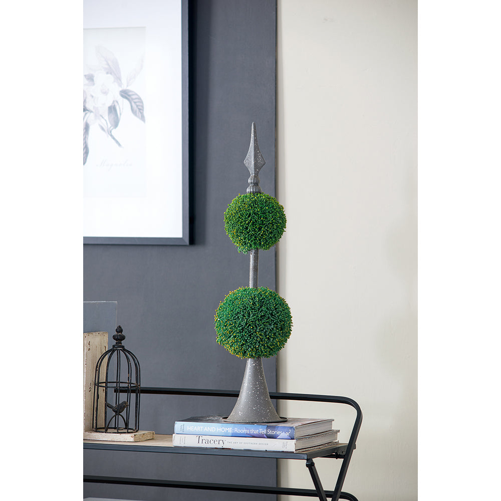 D7x26.5' Artificial Two-Tiered Boxwood Sphere Topiary on Metal Spire Media 1