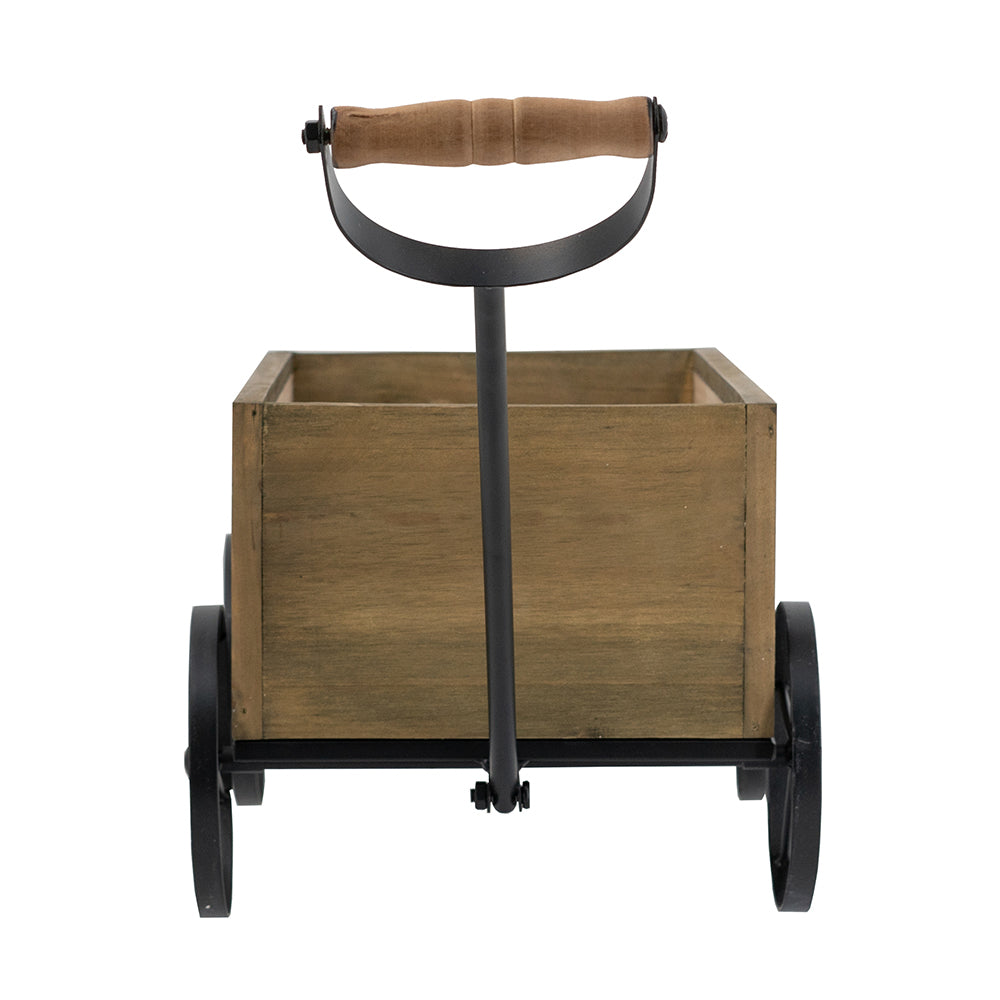 16.5x9.5x8' Rustic Wooden Wagon Planter with Black Iron Wheels and Handle Media 3