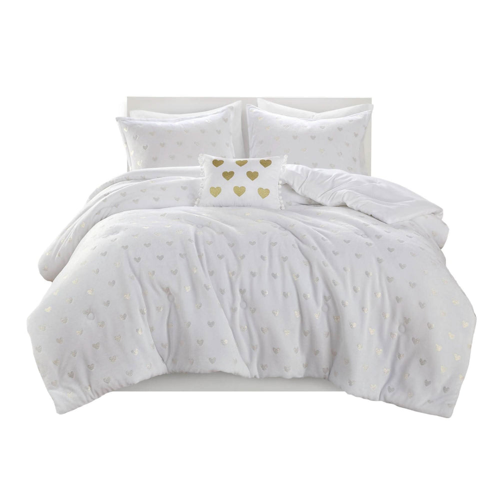 Plush Comforter Set White & Gold Heart Print 4 Piece Full Queen Bedding Includes Shams & Throw Pillow Media 5